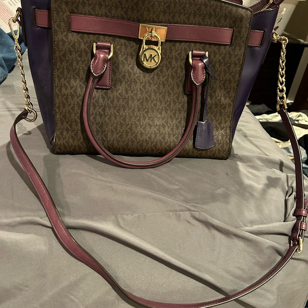 Michael Kors Purple and Brown Satchel with Gold Accents